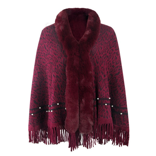 Leopard Color Faux Fur Collar Thick Winter Warm Shawl Jackets