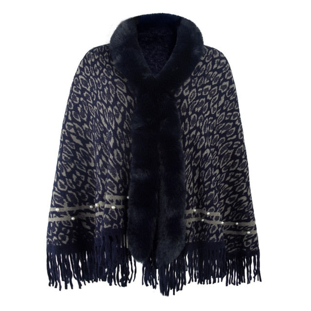 Leopard Color Faux Fur Collar Thick Winter Warm Shawl Jackets