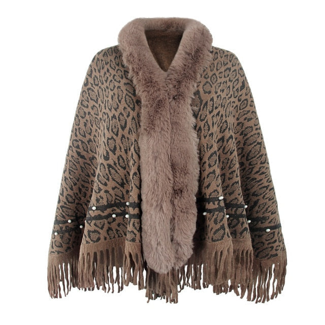 Leopard Color Faux Fur Collar Thick Winter Warm Shawl Jackets