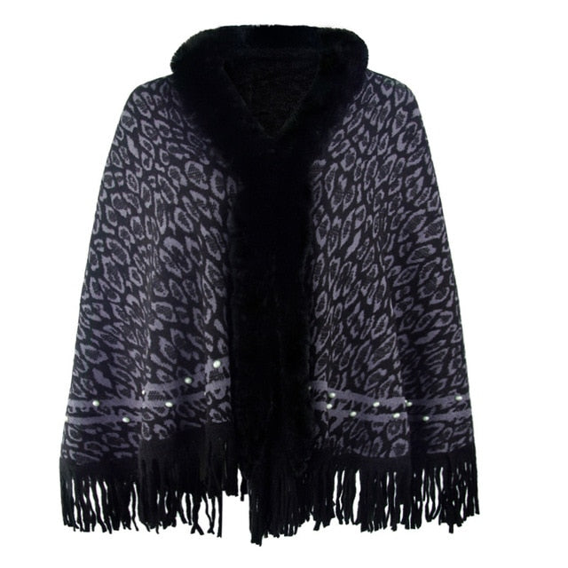 Leopard Color Faux Fur Collar Thick Winter Warm Shawl Jackets