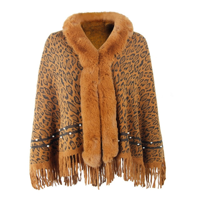 Leopard Color Faux Fur Collar Thick Winter Warm Shawl Jackets