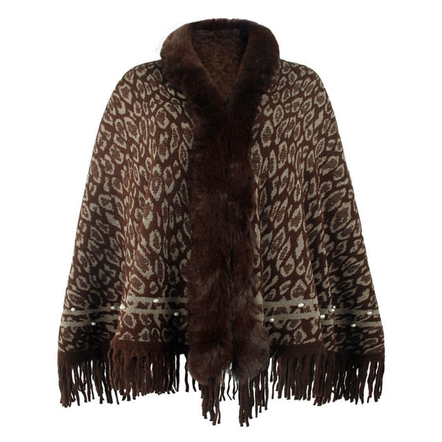 Leopard Color Faux Fur Collar Thick Winter Warm Shawl Jackets