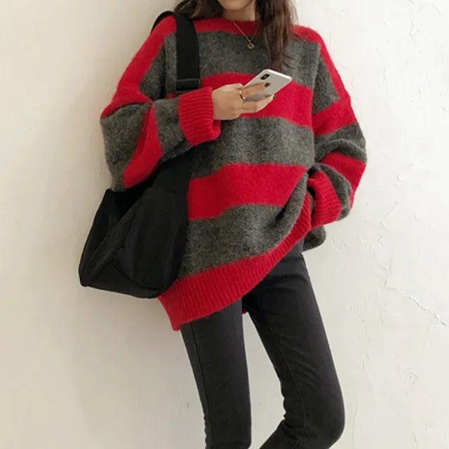 Color Block Striped Loose Fit Winter Sweater