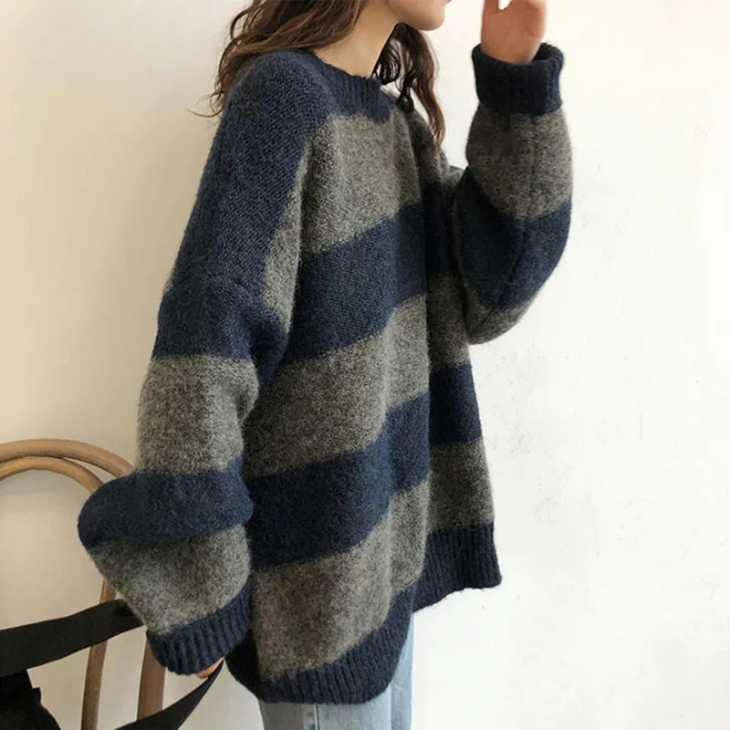 Color Block Striped Loose Fit Winter Sweater