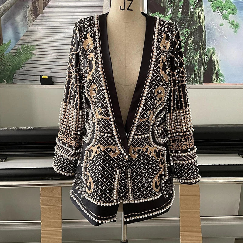 Long Sleeved Bubble Bead V-Neck Blazer Suit Jacket