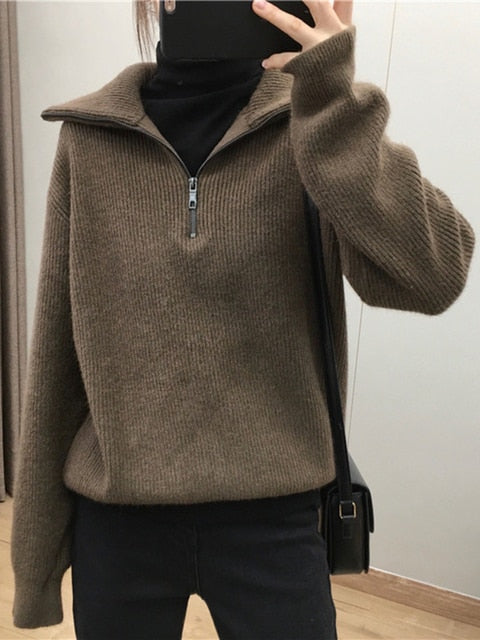 Oversize Zipper Knitted Loose Sweater