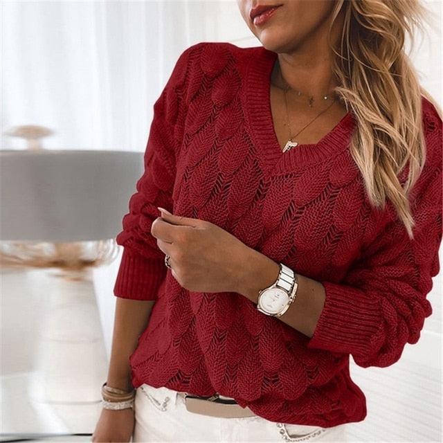 Elegant Hollow V-Neck Autumn Winter Sweater