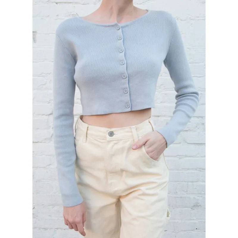 Spring O-Neck Long Sleeve Thin Cropped Sweaters