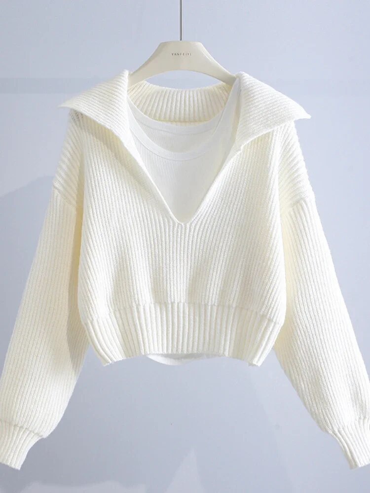 Deep V-Neck Lapel Collar Two-Pieces Sweaters