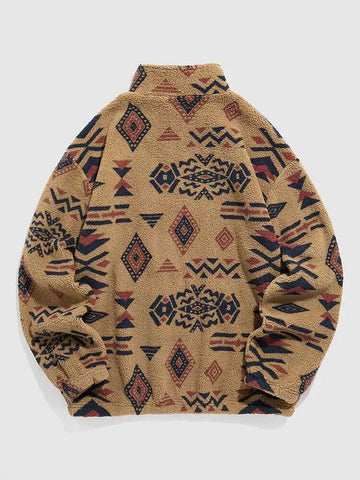 Men's Sherpa Zipper Hoodie: Fuzzy Ethnic Print, Streetwear Style for Fall/Winter