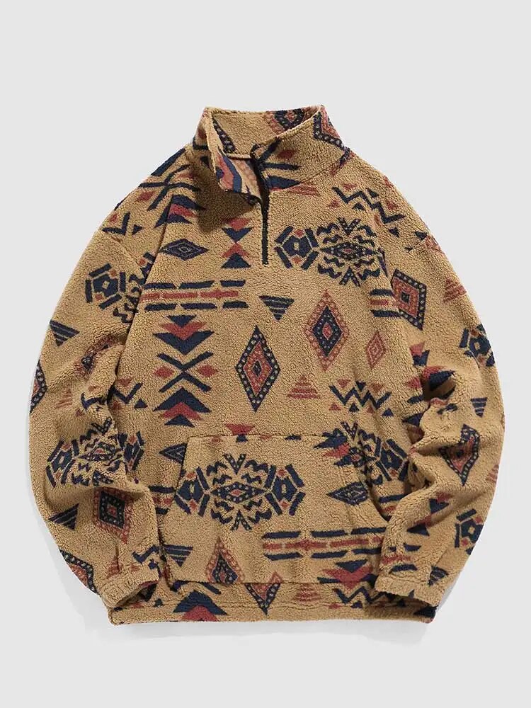 Herren-Sherpa-Hoodie mit Reißverschluss: Flauschiger Ethno-Print, Streetwear-Stil für Herbst/Winter