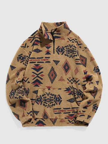 Men's Sherpa Zipper Hoodie: Fuzzy Ethnic Print, Streetwear Style for Fall/Winter