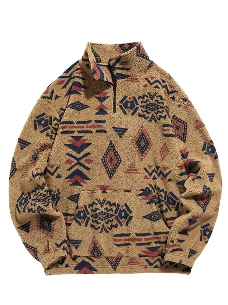 Herren-Sherpa-Hoodie mit Reißverschluss: Flauschiger Ethno-Print, Streetwear-Stil für Herbst/Winter