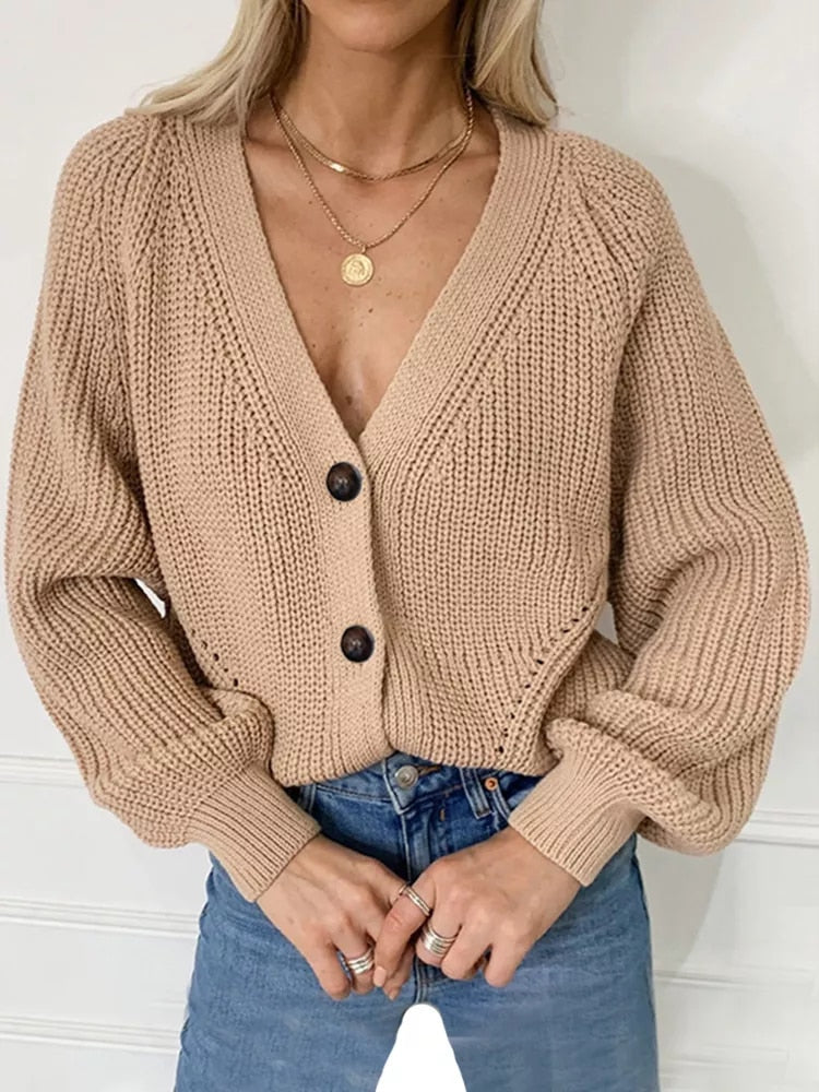 Deep V-Neck Knitted Cardigan Sweater