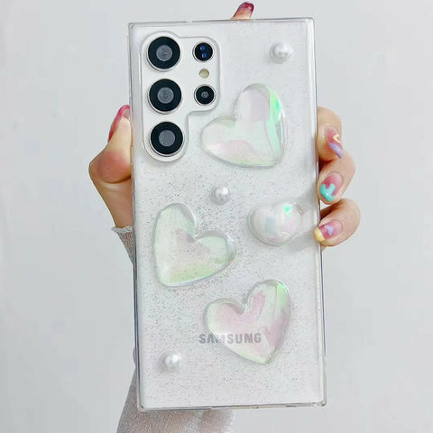 Simple Three-Dimensional Transparent Heart Samsung Apple Mobile Phone Protective Case Cute 3D Holographic Laser Love Heart Gems Bling Sparkle Clear Shockproof Slim Soft TPU Silicone Girls Phone Case