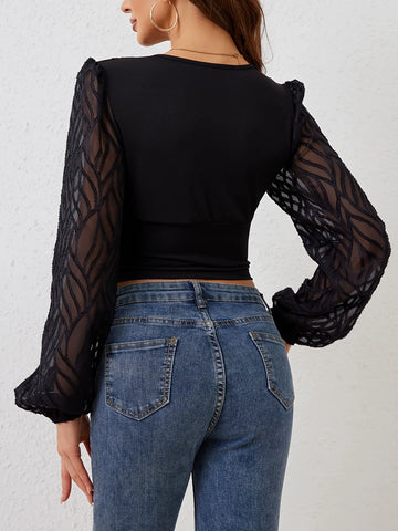 Lantern Sleeve Cinched Waist  V-Shirt