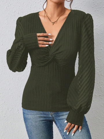 Lantern Sleeve V-Neck Knitted Top