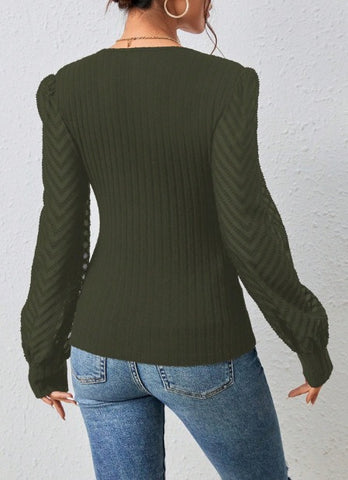 Lantern Sleeve V-Neck Knitted Top