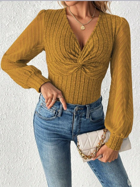 Lantern Sleeve V-Neck Knitted Top