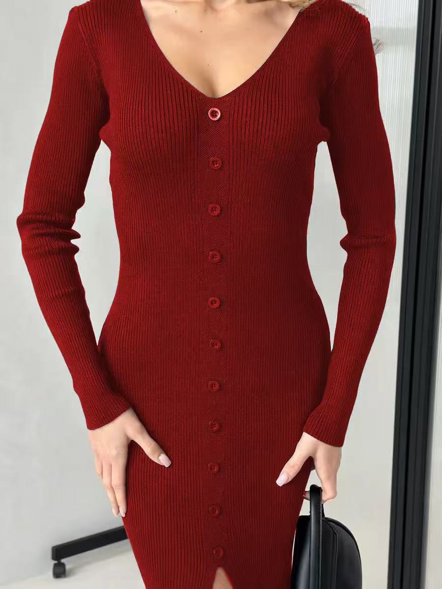 That Covers The Buttocks V-neck Knitted Dress