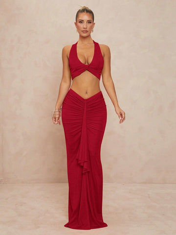 Strapless Slit Half-Length Skirt Set