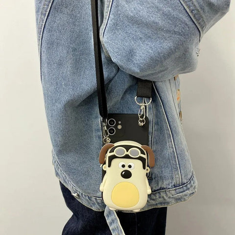 Cartoon Three-Dimensional Funny Handdog Coin Purse Crossbody Strap Apple Phone Case