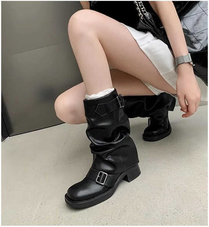 Upper Belted Closure Leather Mid Calf Boots