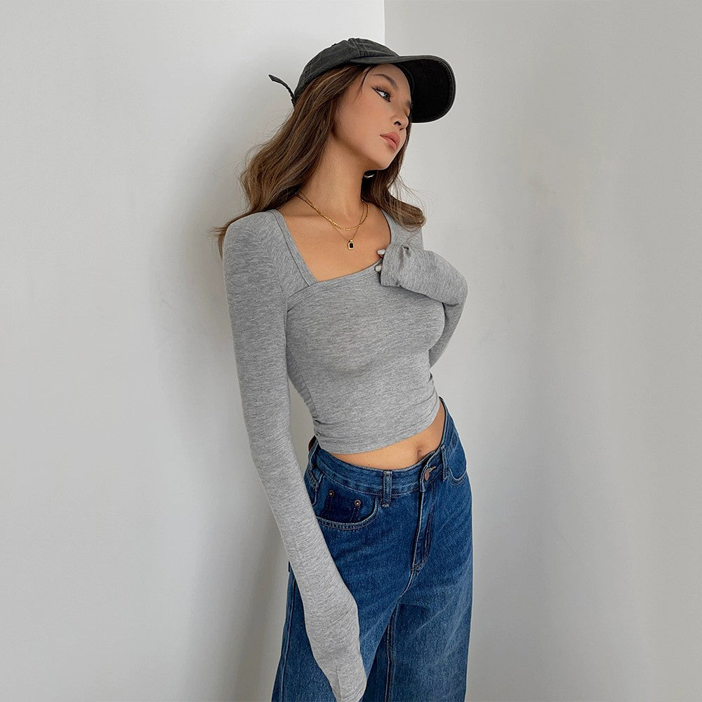 Casual Long Sleeve Tight Top Solid Shirt Sexy Top