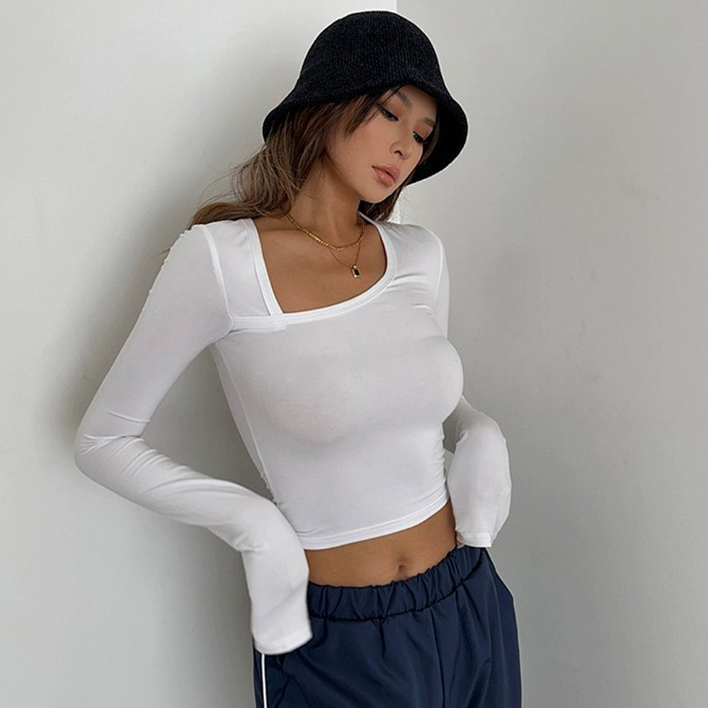 Casual Long Sleeve Tight Top Solid Shirt Sexy Top