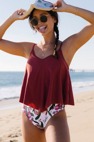 Floral Print Ruffle Hem Cute Tankini Set