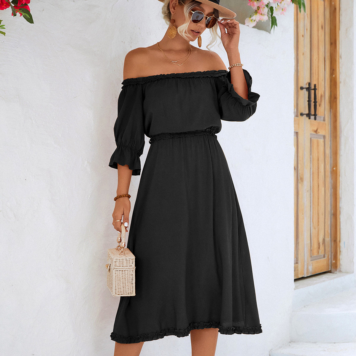 Solid Color Off The Shoulder Frill Casual Dress