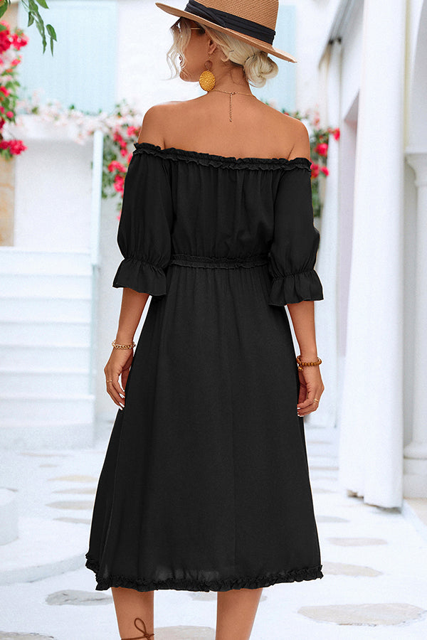 Solid Color Off The Shoulder Frill Casual Dress