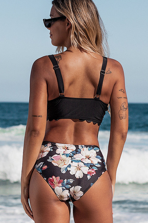 Scolloped Mesh Patchwork Floral Print Bikini Set