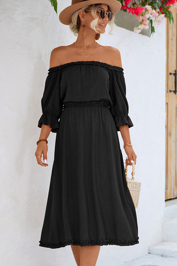 Solid Color Off The Shoulder Frill Casual Dress