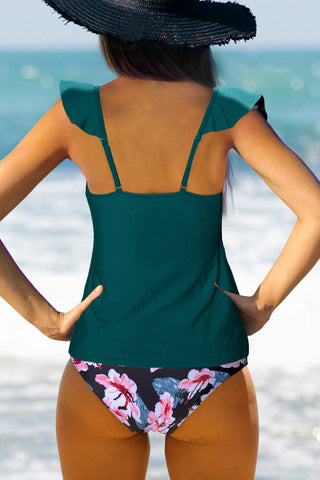 Leopard Print Ruffle Shoulder Tankini Set