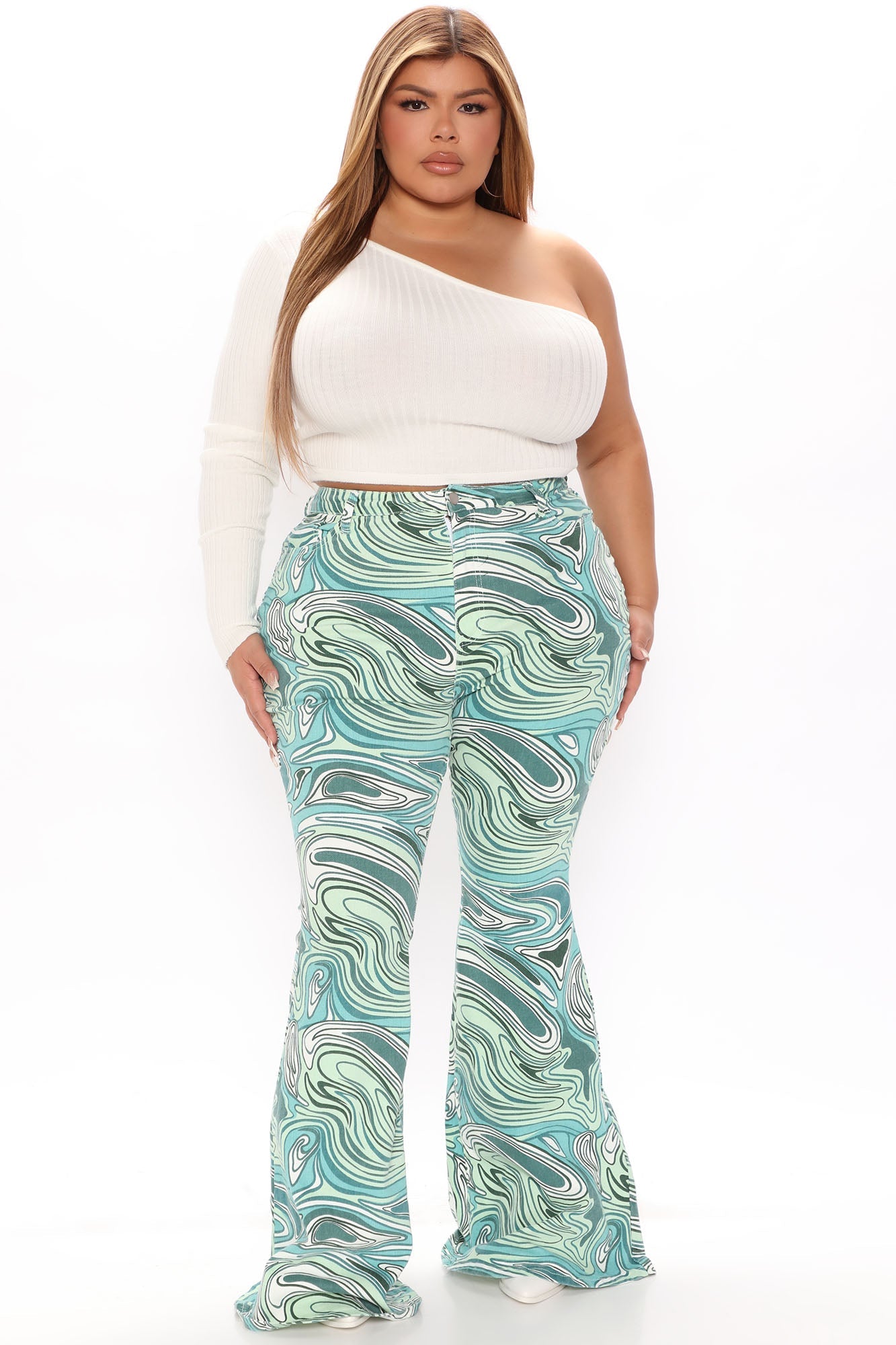 Too Groovy Swirl Print Flare Jeans - Green/combo