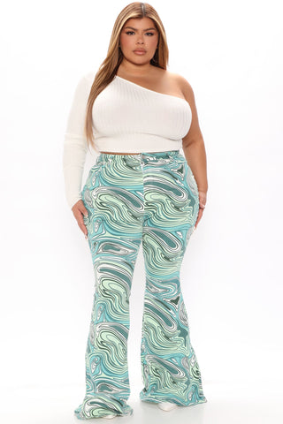 Too Groovy Swirl Print Flare Jeans - Green/combo