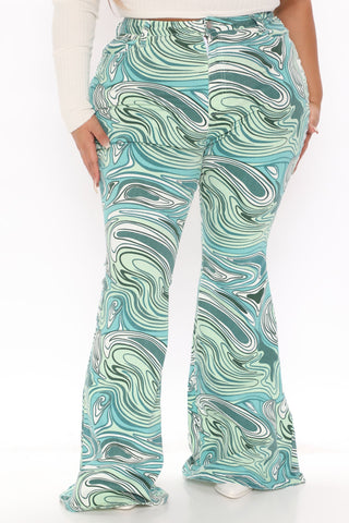 Too Groovy Swirl Print Flare Jeans - Green/combo