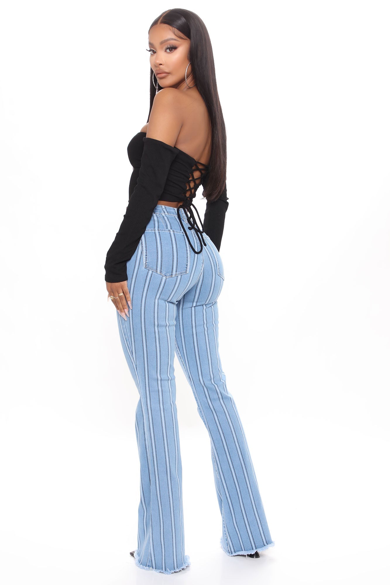 Valentina Stripe High Rise Flare Jeans - Medium Blue Wash