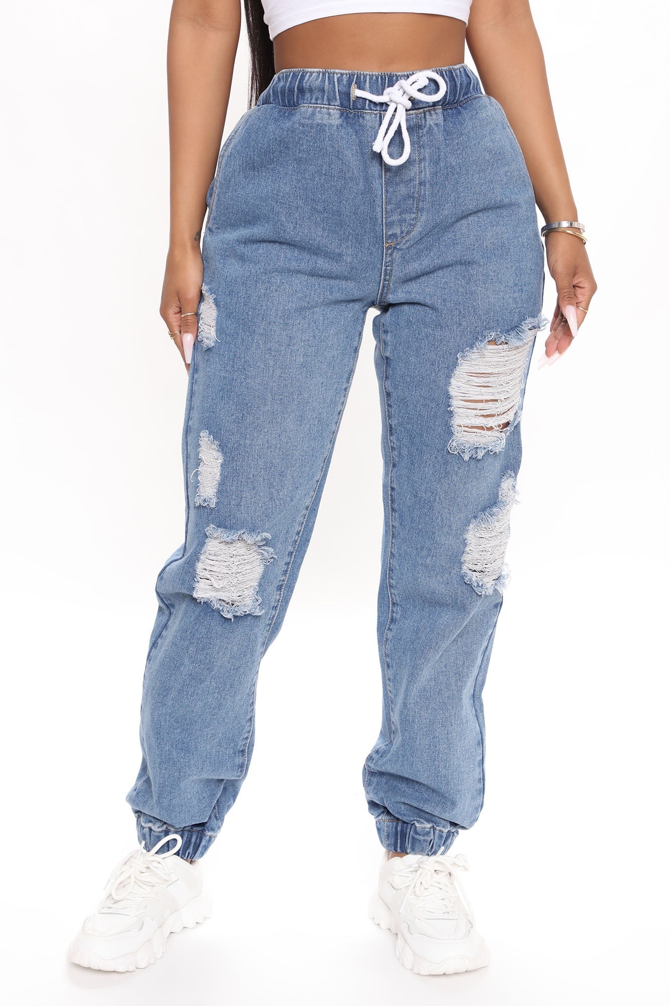 Take The Lead Ripped Denim Joggers - Medium Blue Wash