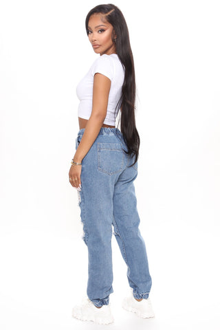 Take The Lead Ripped Denim Joggers - Medium Blue Wash