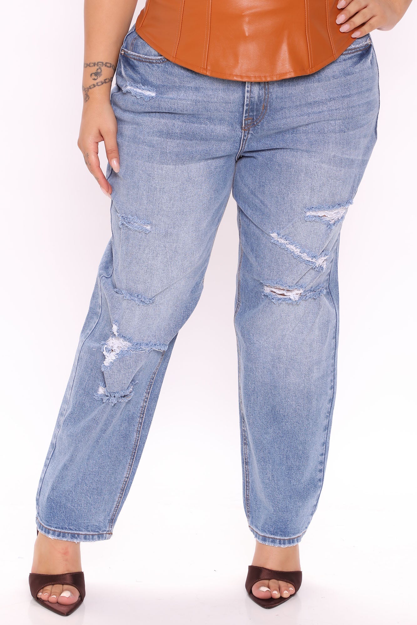 Stole His Heart Ripped Boyfriend Jeans - Medium Blue Wash