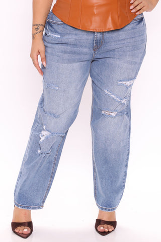 Stole His Heart Ripped Boyfriend Jeans - Medium Blue Wash