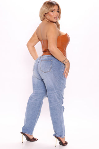 Stole His Heart Ripped Boyfriend Jeans - Medium Blue Wash