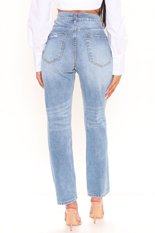 Stole His Heart Ripped Boyfriend Jeans - Medium Blue Wash