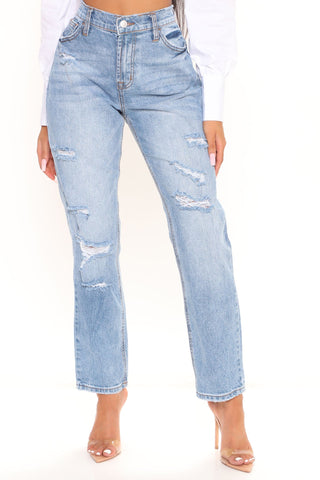 Stole His Heart Ripped Boyfriend Jeans - Medium Blue Wash