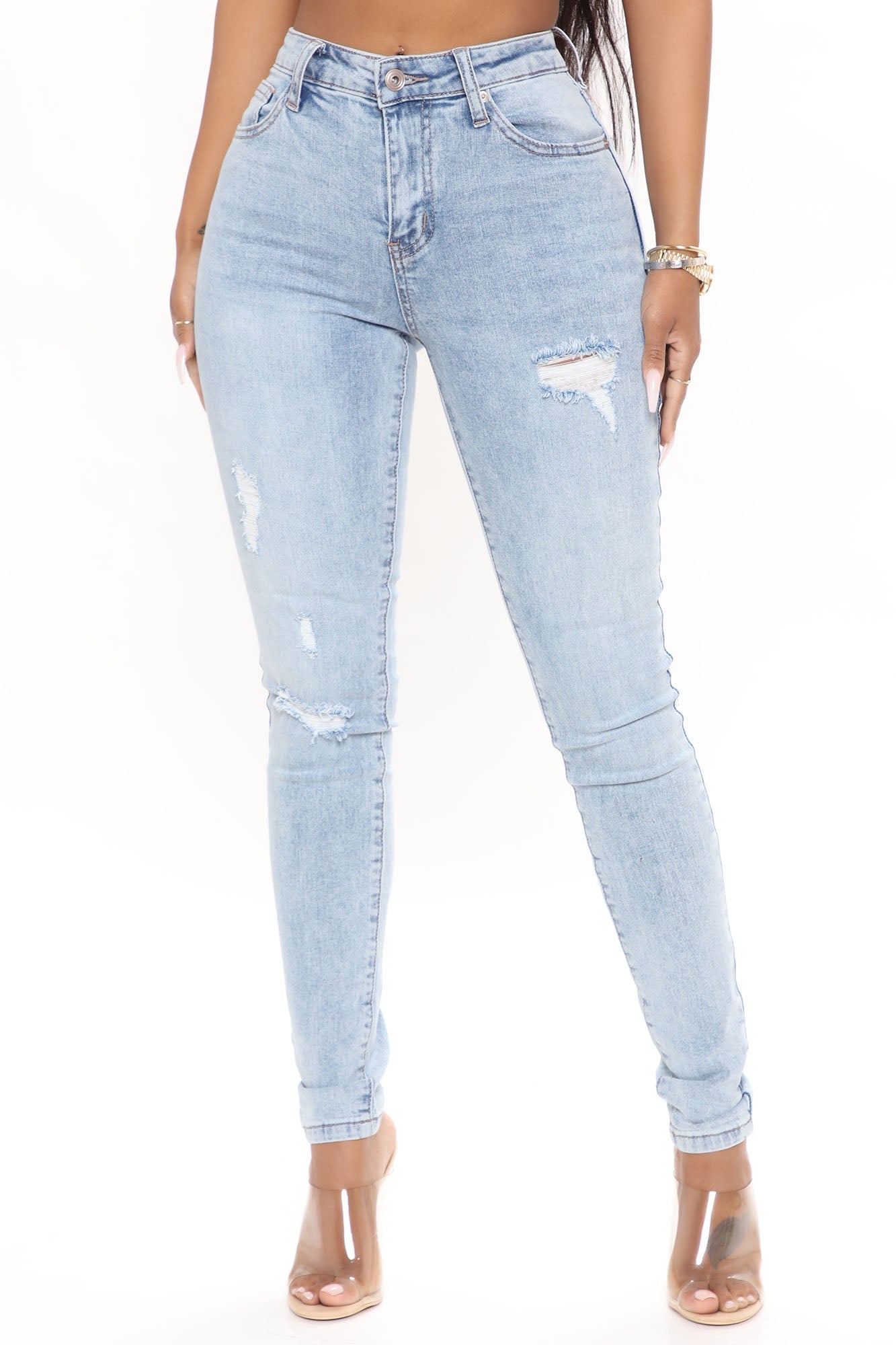 Tabitha Mid Rise Ripped Skinny Jeans - Light Blue Wash