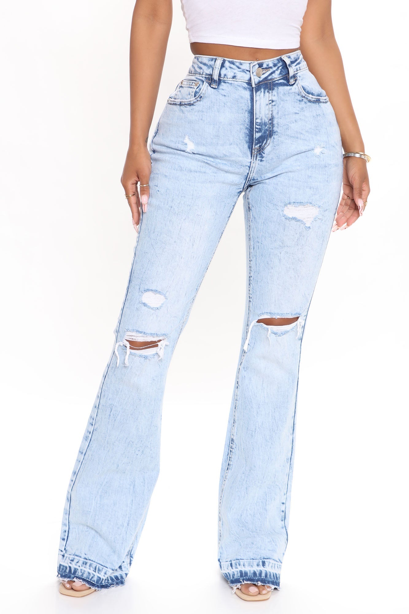 The Wait Is Over Ripped Flare Jeans - Acid Wash Blue