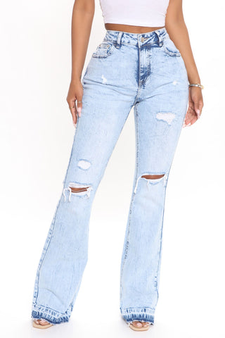 The Wait Is Over Ripped Flare Jeans - Acid Wash Blue
