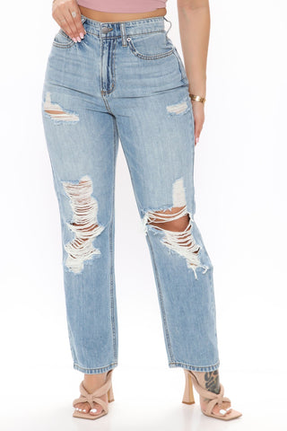 Sunday Brunch 90's Distressed Boyfriend Jeans - Medium Blue Wash